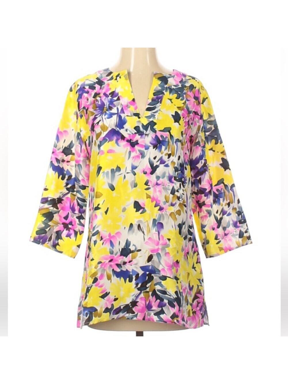Women's Watercolor Brushstroke Floral Print Tunic Blouse, Approx. Size Small
